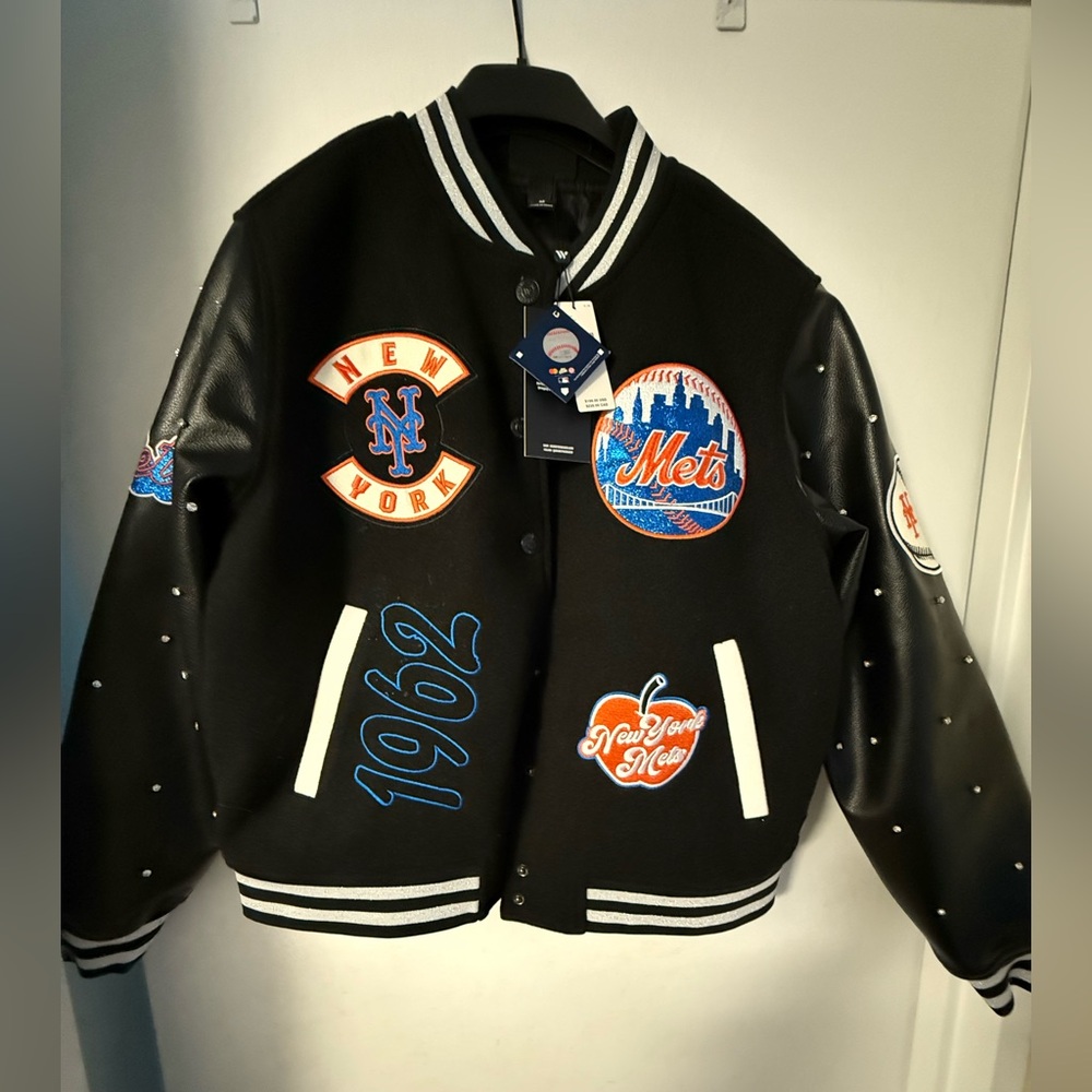 Anthropologie Black Varsity Jacket with Multicolor Patches - Picture 2 of 7